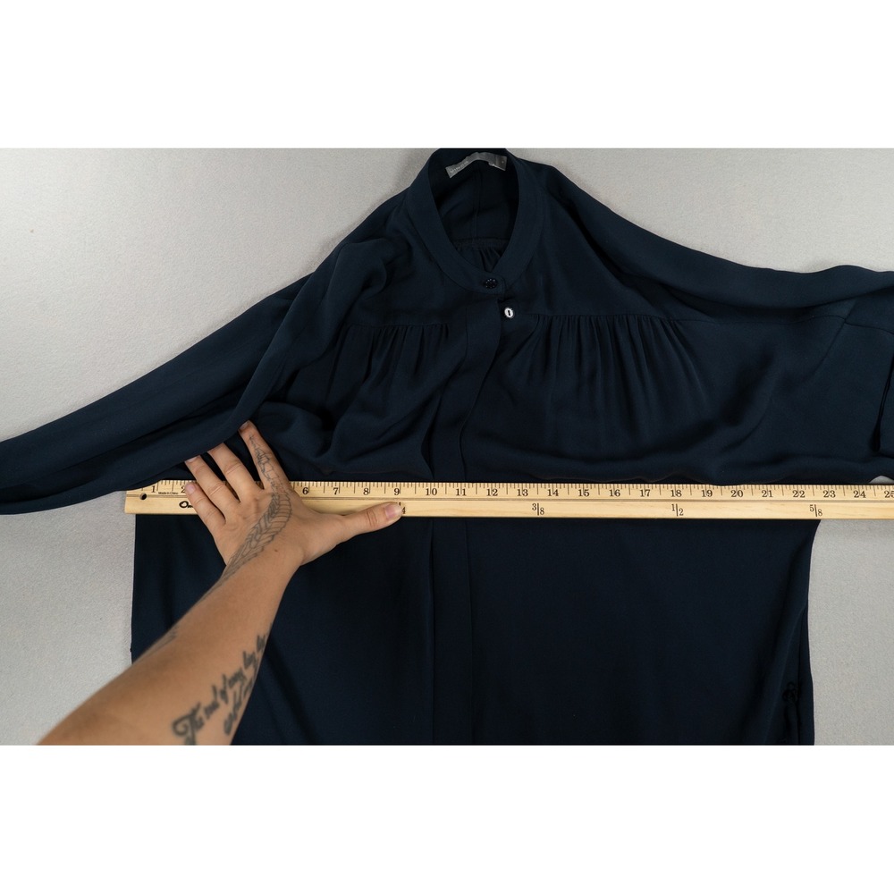 Vince 100% Silk Shirt Dress Navy Blue Band Collar Long Sleeve Women's Medium - Picture 9 of 9